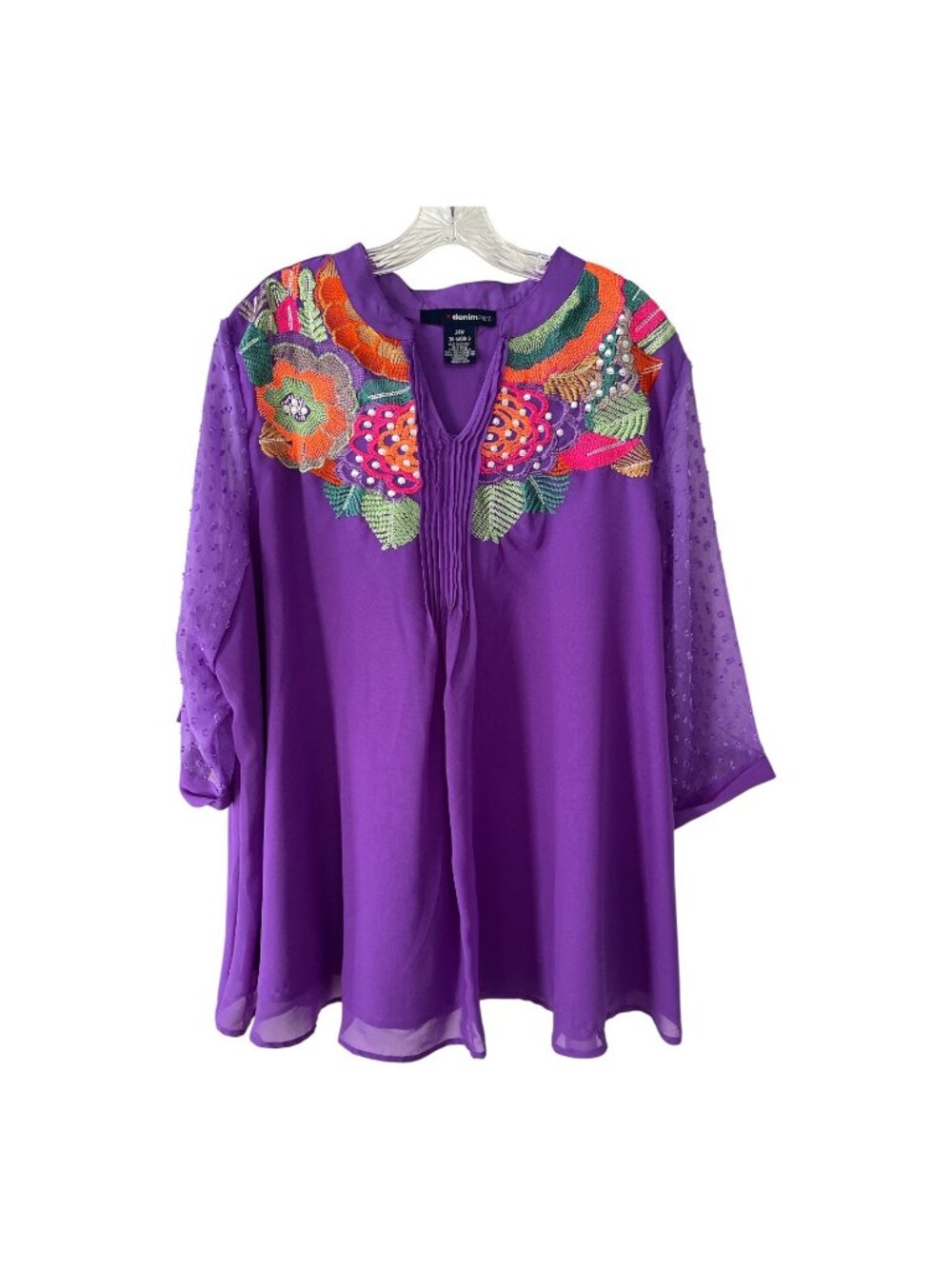 Denim 24/7 Purple Floral Embroidered Sequin Boho Tunic Blouse Plus Size 24W